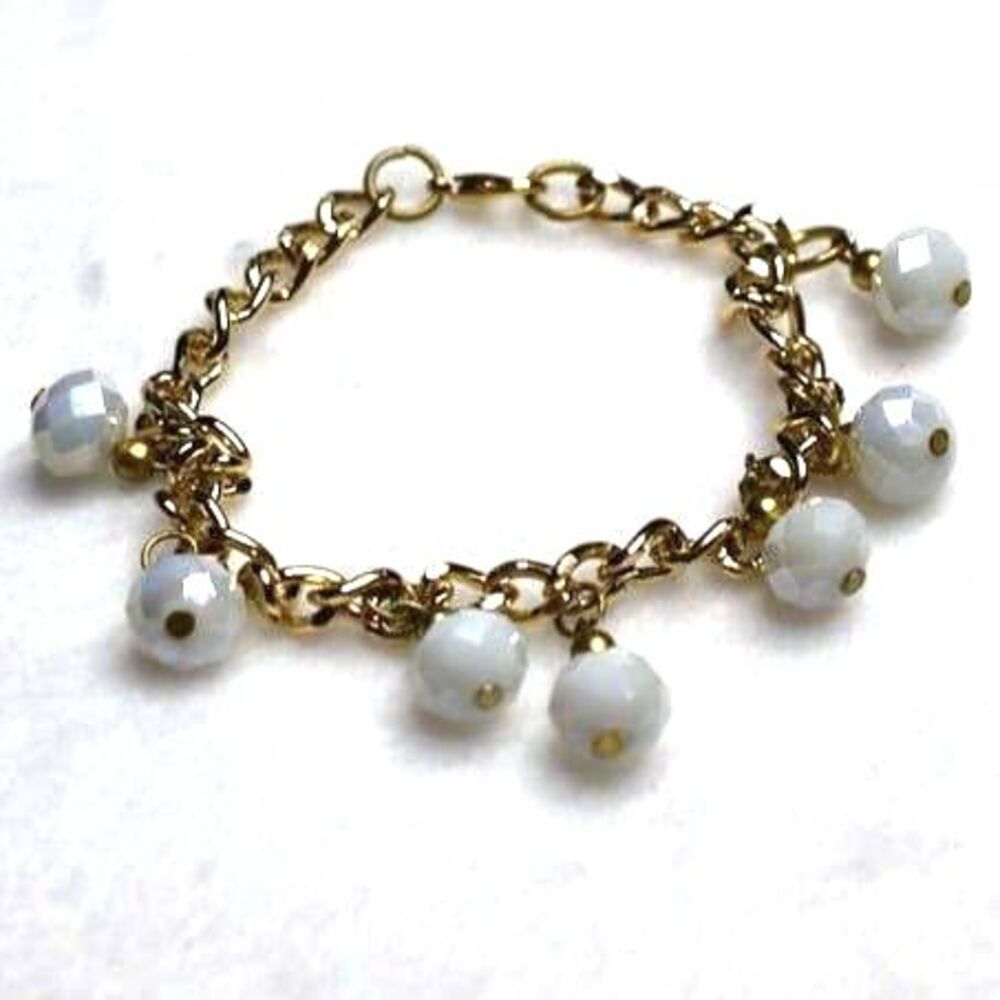 VTG Dangle White Beads Gold Tone Link Chain Cottage Y2K Preppy 5.5" Bracelet